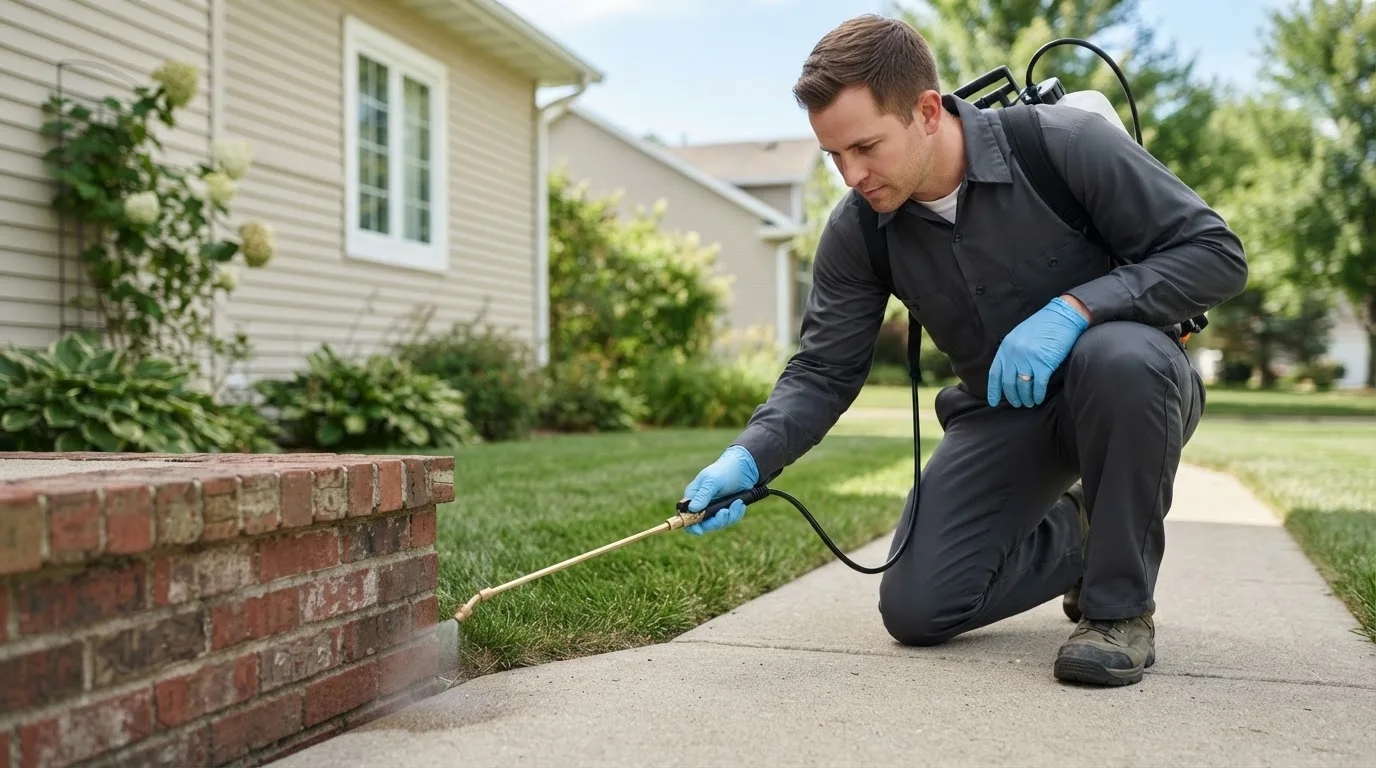 Pest control technician treating a home near West Sacramento, CA